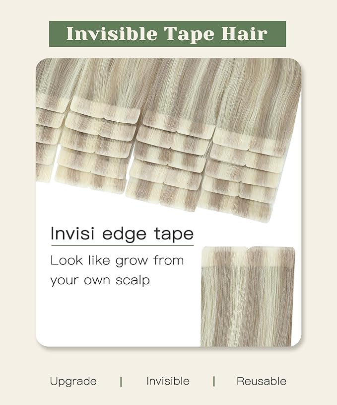 SURNEL Injection Tape in Hair Extensions Human Hair #18P60 Ash Blonde with Platinum Blonde Injected Tape in Hair Extensions Seamless Tape ins 14inch 20pcs 30g(#18P60,14)