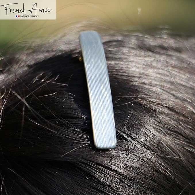 French Amie Small 2 1/4 inch Celluloid Handmade Hair Barrette No Slip Grip Durable Styling Women Hair Accessories Hair Clip for Girls, Made in France(Metallic Grey)