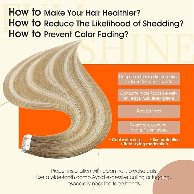 Full Shine Ombre Blonde Tape in Hair Extensions Human Hair 6/27/60 Brown to Honey Blonde 16Inch Tape in Extensions Balayage Invisible Seamless Human Hair Extensions 50Gram 20pcs for Wedding