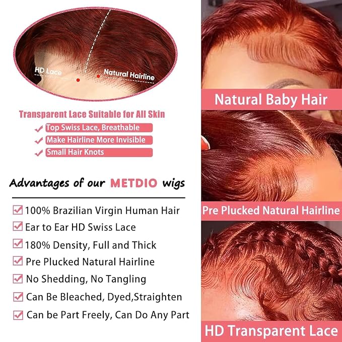 Reddish Brown Lace Front Wig 13X6 Body Wave Lace Front Wigs Human Hair Pre Plucked with Baby Hair 33# Colored Red Wig 180% Density for Women 26Inch