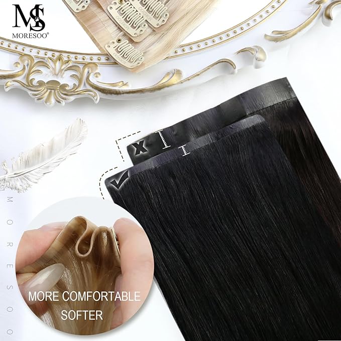 Moresoo Seamless Clip in Hair Extensions Real Human Hair Black Straight Can Be Curled Hair Extensions Clip ins Short 14inch Pure Skin Invisible Natural Black for Daily Use 120g/7pcsv