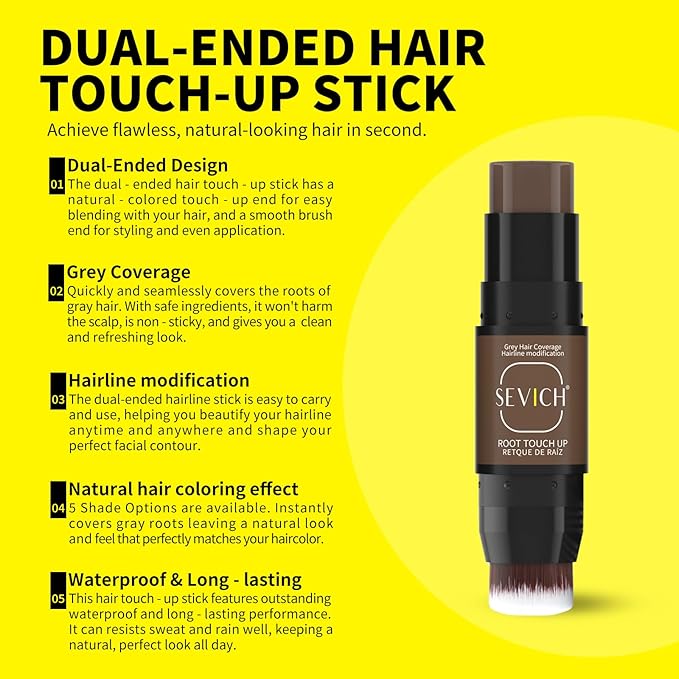 SEVICH Dual-Ended Root Touch Up Stick - Waterproof Hairline Enhancer for Sparse Hairlines & Gray Coverage, Non-Sticky Scalp Concealer with Beeswax, Instant Volume & Natural Look (Black)