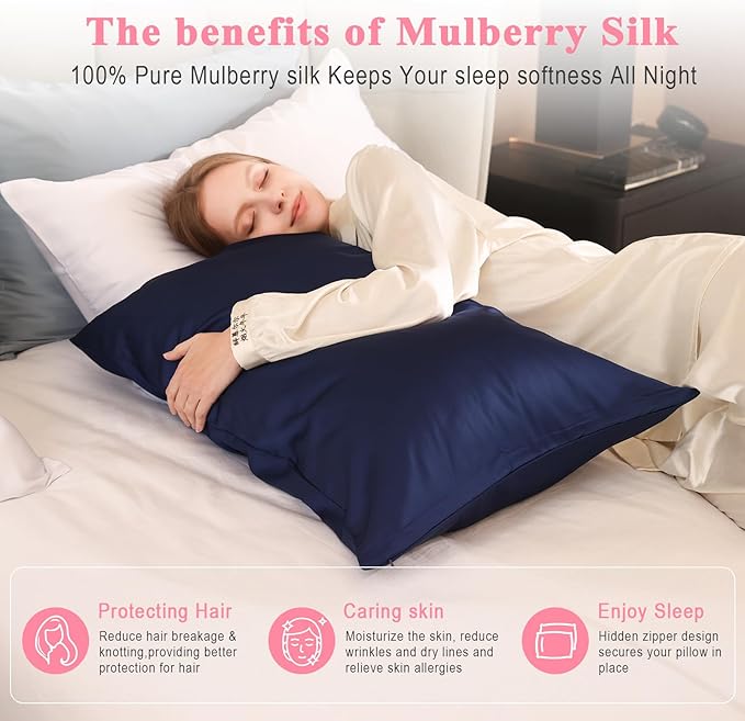 100% Pure Silk Pillowcase 2 Pack for Hair and Skin, Both Sides 23 Momme Grade 6A+ Mulberry Silk Pillowcases with Hidden Zipper, Soft&Smooth Cooling Pillow Cases (Navy Blue, Standard 20x26)