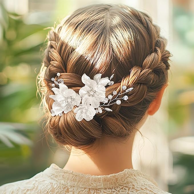 Bride Flower Silver Piece Pearl Hair Clip,Wedding Hair Accessories for Women and Bridesmaids,Silver Pearl Crystal Fancy Clip