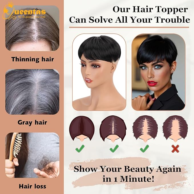 QUEENTAS Black Short Hair Toppers for Women with Thinning Hair 360°3D Cover with 3 Clips Hair Pieces Wispy Bangs 5.5"*5.5" Large Coverage(Natural Black/1B)