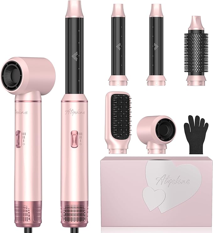 5 in 1 Hair Dryer Brush Set, Hot Air Styler, Detachable Blow Dryer Brush, 3 Heat Settings Auto Curling Wrap Styler, Ionic Hair Styling Tools, Straight Curl Dry Volumiz Smooth (Pink)