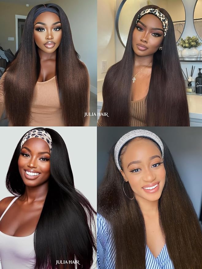 Julia Hair 12A Headband Wig Human Hair Yaki Straight Glueless None Lace Half Wig With Pre-attached Scarf Ombre Chestnut Brown Highlight With Dark Roots for Black Women Put on and Go 24 Inch