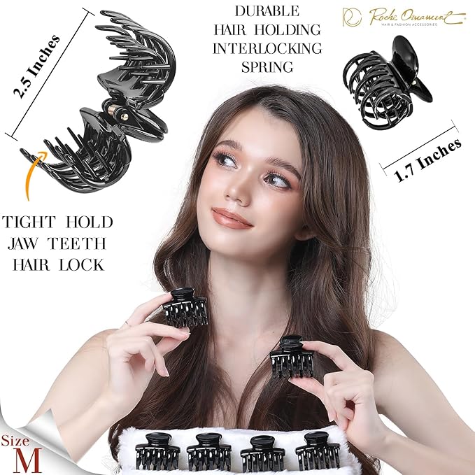 RC ROCHE 6 Pcs Double Claw Hair Clip Tooth Claw Clip Grip Tooth Jaw Clamps Thin Fine Hair Strong Hold No Slip Undo Clutchers for Women, Small Black