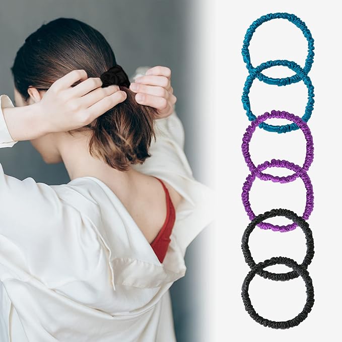 6 Set 100% Pure Mulberry Silk Hair-Friendly + Luxurious Elastic Skinny Scrunchies Travel Pouch Everyday Hair Ties Elastics Hair Care Ponytail Holder No Damage