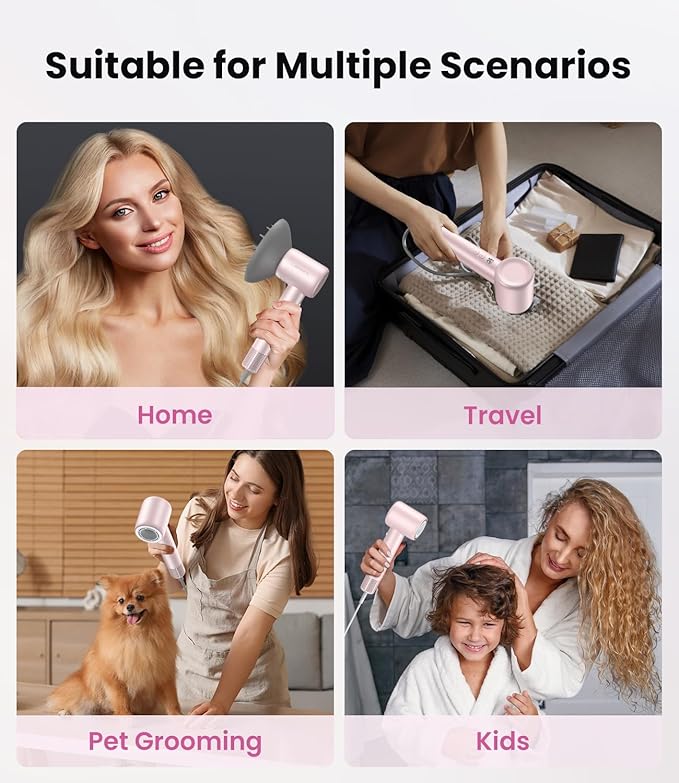 Hair Dryer,150000 RPM Blow Dryer with 500M Negative Ions, Lightweight Ionic Travel Hair Dryer with Magnetic Diffuser & Nozzle for Fast Drying, Low Noise Brushless Motor for Salon & Home Use,Pink
