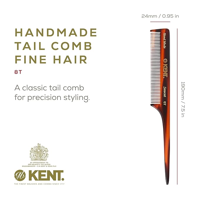 Kent 8T Rat Tail Combs Teasing Comb for Hair Styling and Sectioning, Handmade Fine Tooth Comb Parting Combs for Braiding Hair and Styling for Women, Saw Cut and Hand Polished, Made in England