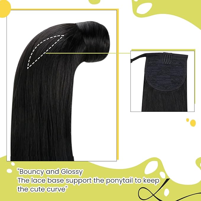 RUNATURE Human Hair Ponytail Extension, Off Black Ponytail Hair Extensions Real Human Hair, Soft Straight Hair for Women, Natural Ponytail Hairpiece, Add Length 12 Inch 70g #1B Off Black