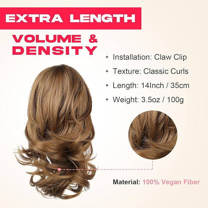 Ponytail Extension - 14" Claw Clip in Ponytail Hair Extensions Natural Soft Synthetic Layered Wavy Pony Tail Hair Pieces for Women - Ginger Brown