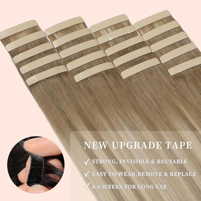 Tape in Hair Extensions Human Hair Balayage Medium Brown Mixed Dark Blonde Remy Hair Extensions 20pcs 14 Inch Skin Weft Straight Invisible Human Hair Tape in Extensions (10/10/22#,14 Inch)