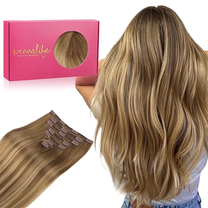 WENNALIFE Clip in Hair Extensions Real Human Hair, 22 Inch 120g 7pcs Human Hair Extensions Clip In Human Hair, Balayage Chestnut Brown Mixed Dirty Blonde Hair Extensions Clip In Real Hair Coloured