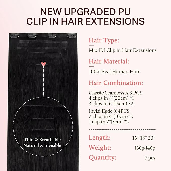 DOORES Clip in Hair Extensions Set 18 Inch 130g, 4pcs Invisi Edge Clip ins and 3pcs Classic Seamless Clip ins, Injected Virgin Real Human Hair Extensions Natural Invisible Straight, #1