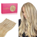 WENNALIFE Lace Seamless Clip in Hair Extensions Human Hair 7pcs Ultra Invisible 50% Thinner Seamless Clip Ins Light Blonde Highlighted Golden Blonde Natural Remy Hair 20 inch