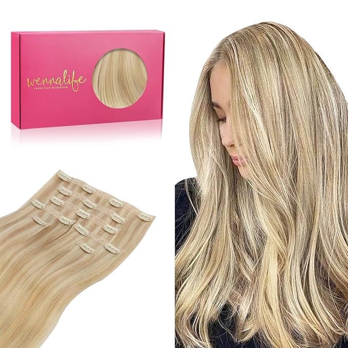 WENNALIFE Lace Seamless Clip in Hair Extensions Human Hair 7pcs Ultra Invisible 50% Thinner Seamless Clip Ins Light Blonde Highlighted Golden Blonde Natural Remy Hair 14 inch