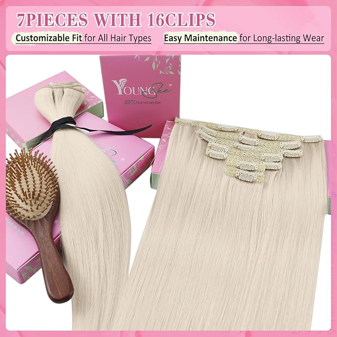 YoungSee Clip in Human Hair Extensions Blonde Human Hair Clip in Extensions Platinum Blonde Invisible Clip on Hair Extension Real Hair Silky Straight 18Inch Set 7Pcs 120G