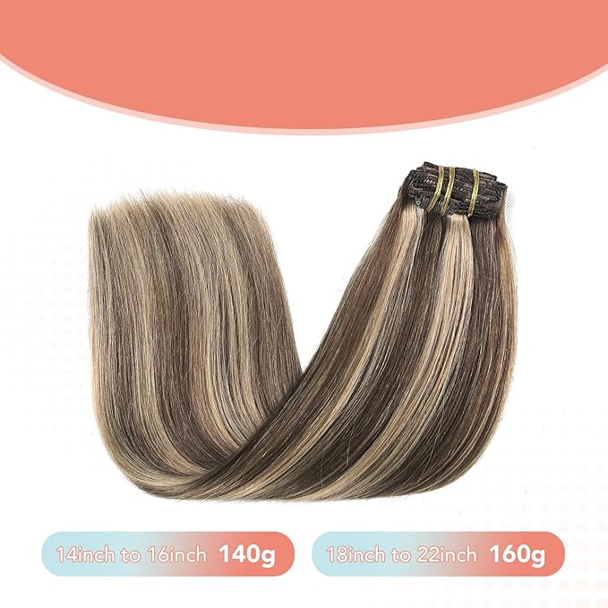 XDhair Hair Extensions Clip in Human Hair,7pcs Chocolate Brown to Caramel Blond Clip in Hair Extensions for Women 16 Inch 140g #4p27