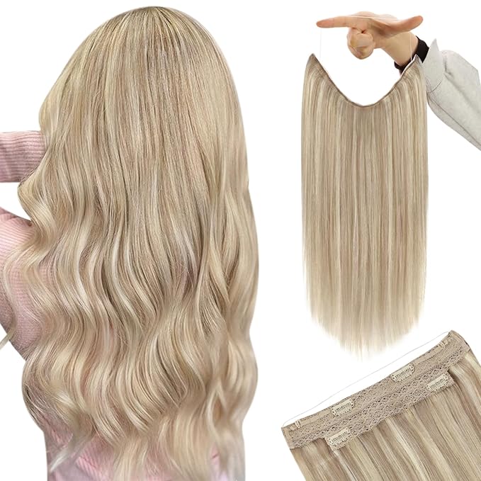 YoungSee Wire Hair Extensions Blonde Highlight Invisible Wire Hair Extensions Real Human Hair Ash Blonde Mix Bleach Blond One Piece Hair Extensions for Women 80G 16inch
