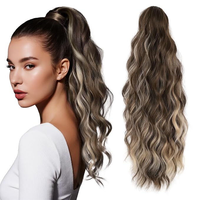 Claw Clip Ponytail Extension 18 Inch Curly Wavy Ponytail Extension Jaw Clip on Pony Tails Hairpiece for Women Fluffy Natural Synthetic for Daily Use (Chocolate Brown with Blonde Highlights)