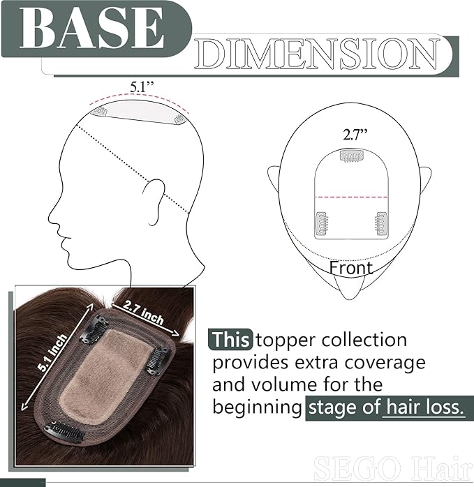 SEGO Hair Toppers for Women Real Human Hair with Thinning Hair, Toppers Hair Pieces Clip in Toppers Straight Hair Pieces with Front Bangs 150% Density Silk Base -12 Inch #2 Dark Brown