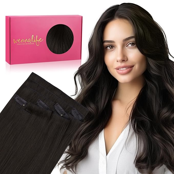 WENNALIFE Invisi Edge Clip in Hair Extensions Real Human Hair, 18 Inch 130g 7pcs Dark Brown Seamless Invisible PU Skin Weft Straight Extensiones De Cabello Hmano Clip Ins