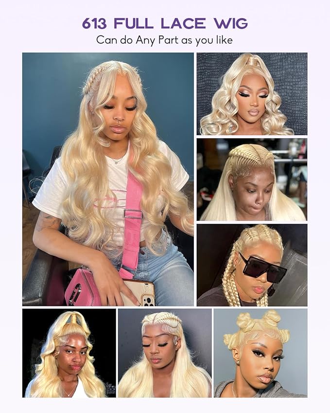 Real Full Lace Human Hair Wigs 613 Lace Front Wig Human Hair 180 Density Body Wave HD Full Lace Blonde Wig Plucked Bleached Knots Breathable Full Scalp Wig for Women 22Inch