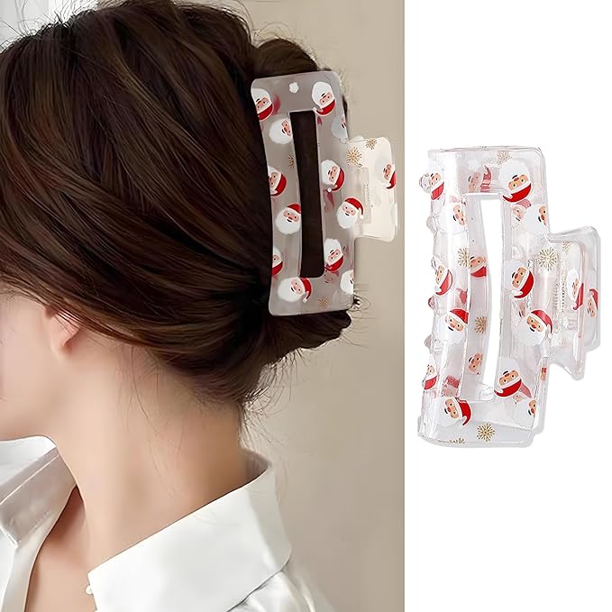 Christmas Hair Clips for Women, Santa Claus Claw Clips Transparent Square Hair Jaw Clips Cute Santa Claus Snowflake Winter Barrettes Strong Hold Xmas Hair Accessories for Thick Thin Hair Decorations