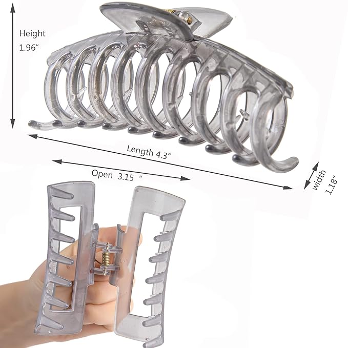 Large Hair Claw Clips for Thick/Fine/Thin Hair,Strong holding teeth interlocking Women Jaw Clips for Hair 3 Count In set(Smoky Grey)