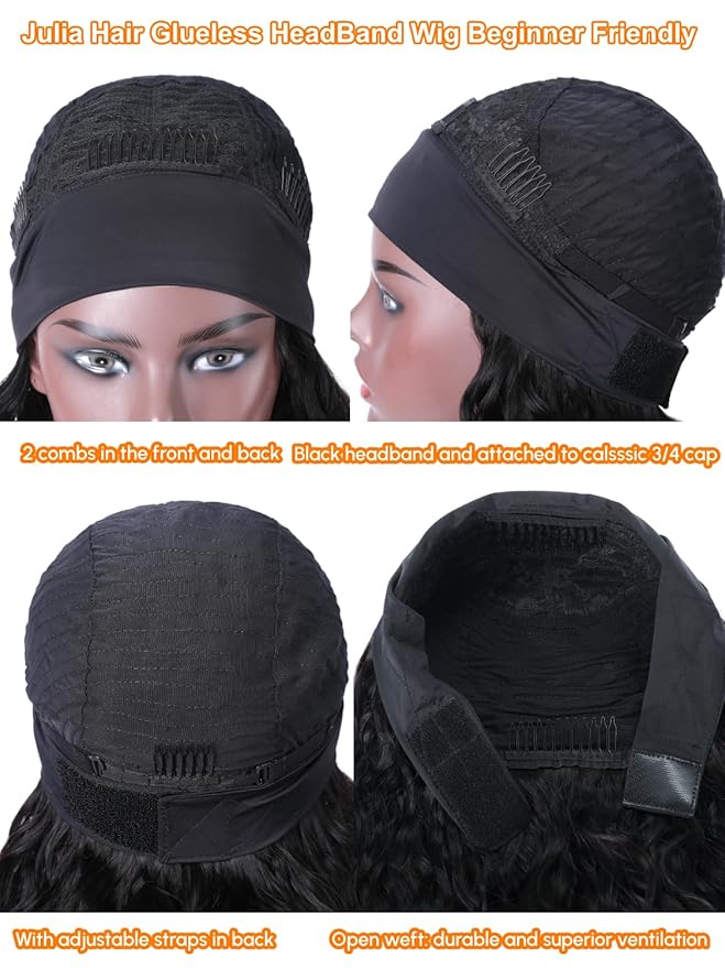 Julia Hair 12A Headband Wig Human Hair Yaki Straight Glueless None Lace Half Wig With Pre-attached Scarf Ombre Chestnut Brown Highlight With Dark Roots for Black Women Put on and Go 24 Inch
