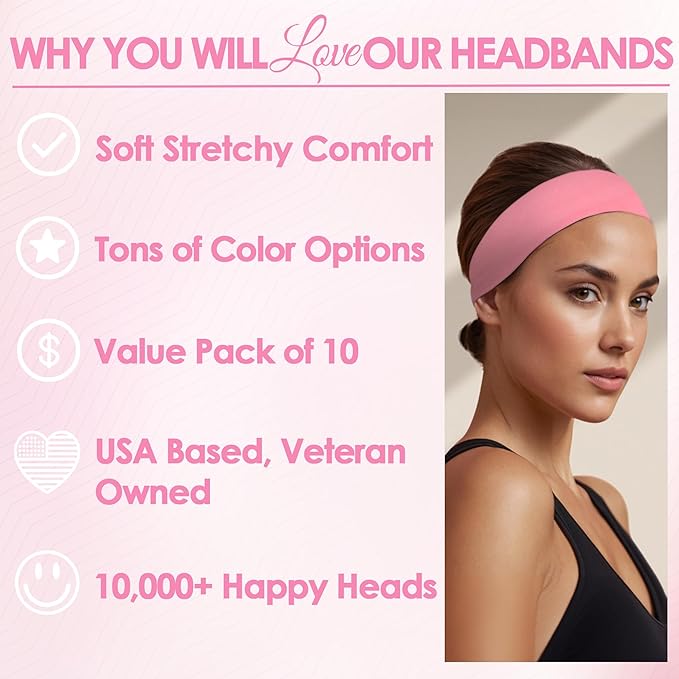 Styla Hair Headbands for Women Stretch Fashion Head Bands 10 Pack Non-Slip Head Wraps Great for Spa, Sports, Yoga, Pilates, Running, Gym Headband, Workouts (Pink)