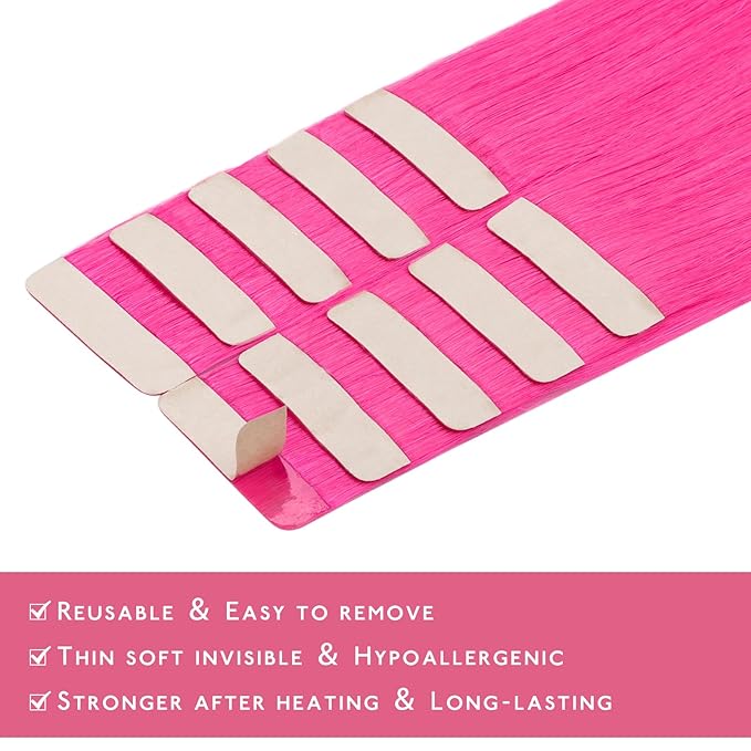 WENNALIFE Tape in Hair Extensions Human Hair Hot Pink Tape in Extensions, 10pcs 20g 12 inch Remy Invisible Tape Ins Straight Colored Soft Real Human Hair Tape in Extensions Refill Set Extensions