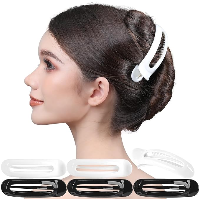 RC ROCHE 6 Pcs Flat Claw Hair Clips for Women Alligator French Barrette Long Thick Hair Duckbill Curved No Slip Grip Lay Flat Side Slide Firm Classic Styling, Medium Black & White