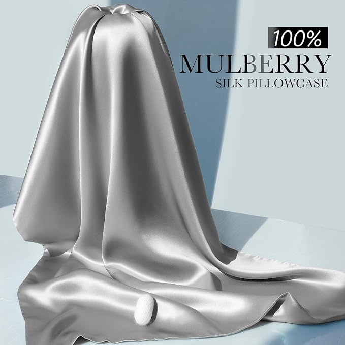 100% Mulberry Silk Pillowcase for Hair and Skin, 22 Momme Pure Natural Silk Pillow Case Both Sided with Zipper, Pillow Cover for Women Mom Men(Silver Grey, Queen 20''×30'', 2 Pack)