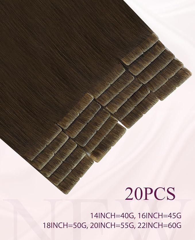 Pinkpearl Invisible Tape in Hair Extensions Human Hair, 20pcs 16inch 45g #4 Chocolate Brown Injection Tape in Extensions Real Remy Straight Seamless Silky Human Hair Injected