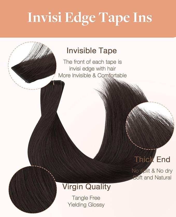 GOO GOO Invisi Edge Tape in Hair Extensions Human Hair, 2 Dark Brown 10pcs injected with 10pcs classical tape ins, 16inch 50g, Virgin Remy Hair, Natural Look