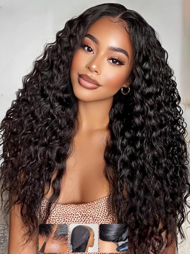 KLAIYI Bye Bye Slip™ Water Wave 7X5 Precut Lace Front Human Hair Wig Drawstring Glueless 3S Ready to Wear and Go Wig with Baby Hair Pre Plucked Bleached Bye Bye Knots Curly Wig 180%Density Full 22Inch