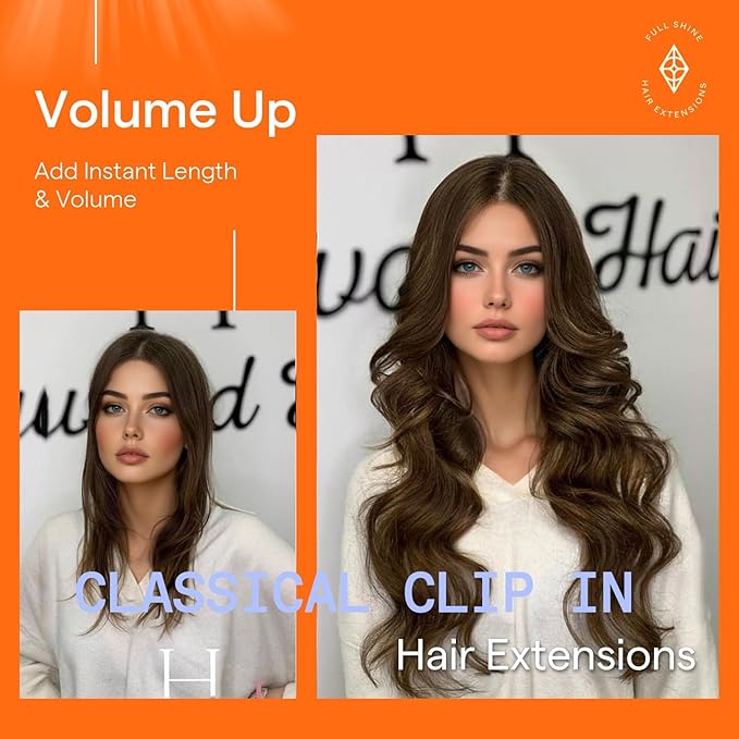 Full Shine Human Hair Clip in Extensions 14 Inch Brown Clip in Hair Extensions Real Human Hair Straight Medium Brown Hair Extensions for Women 7 Pcs 120 G