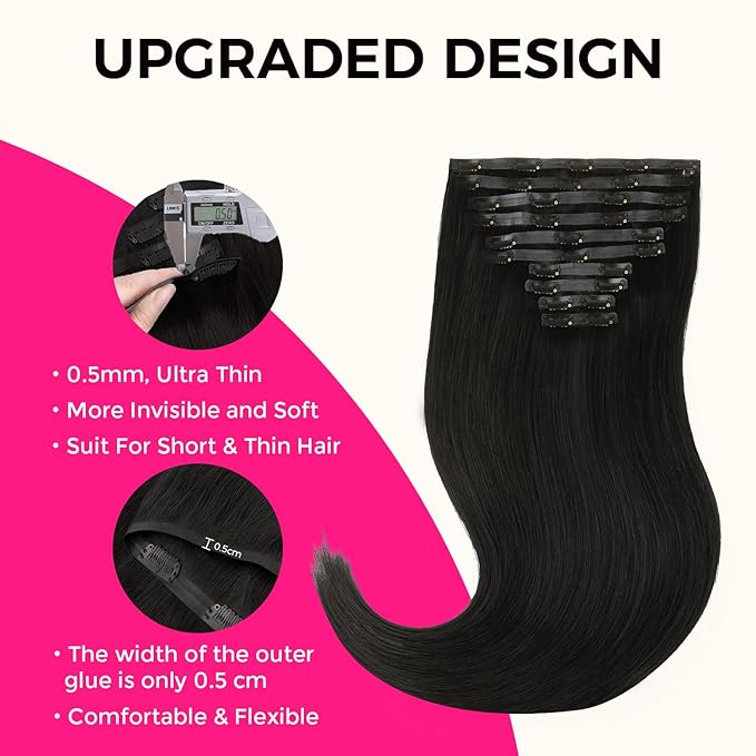 Lashey Seamless Clip in Hair Extensions Real Human Hair Invisi Edge 10pcs 190g 16 Inch Thick Straight Clip in Hair Extensions with PU Weft Natural Black for Women Full Pack