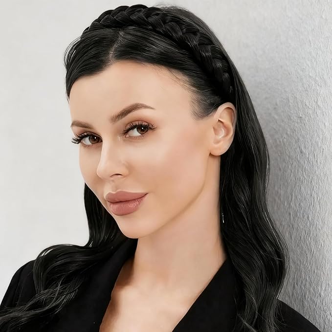 2PC Braided Headband with Tooth – Wide Faux Hair Braid Wig Hairband, Messy Fishbone & Geflochten Haarband Shape – for Women Fashion Accessories for Oktoberfest, Wedding, Parties, Comb Fit(Black)