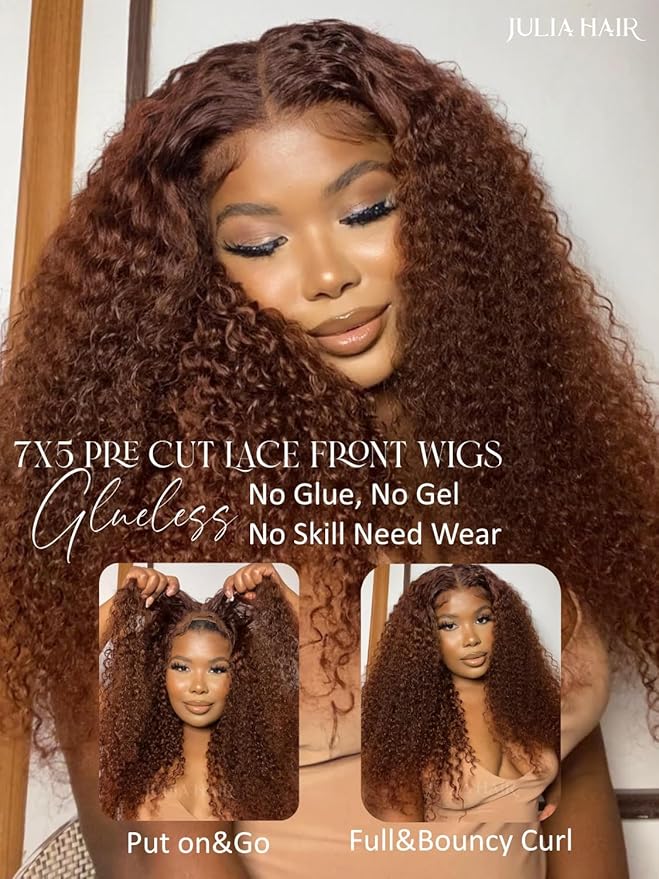 Julia Hair Reddish Brown Glueless Jerry Curly Human Hair Invisi-Drawstring Wig Auburn Pre Cut 7x5 Lace Front Wigs Pre Plucked Bleached Pre Cut Lace Closure Natural Hairline Put On and Go 22 Inch