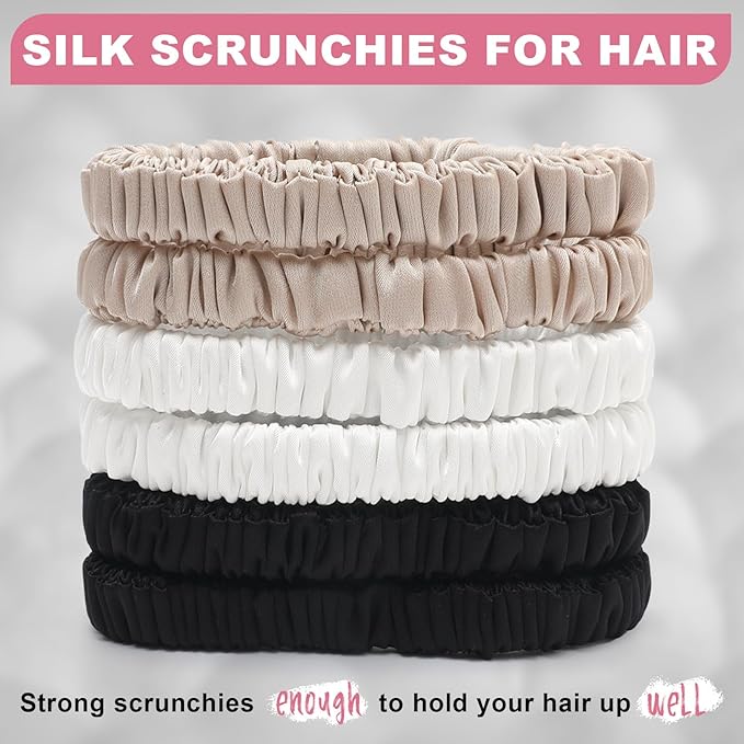 6Pcs Silk Hair Ties Small 22 Momme 100% Pure Mulberry Silk Scrunchies for Women Girls Thin Skinny Hair Sleep Scrunchies No Damage(Color 07)