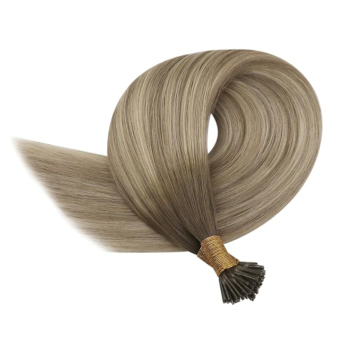 YoungSee Itip Human Hair Extensions Light Brown Ombre I Tip Hair Extensions Human Hair Balayage Light Brown with Blonde I Tip Extension Remy Hair 22 Inch 50g 50s for Wedding