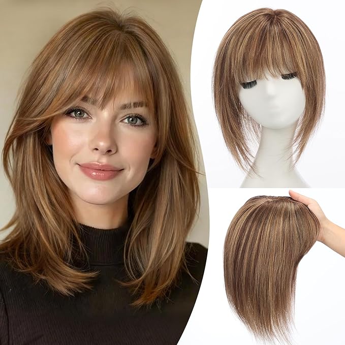 EMMOR 12 Inch Human Hair Topper for Women - Real Hair Topper with Bangs & 6.5" × 6.5" Larger Base, Natural Thin Hair Solution for Women(Mixed Brown)
