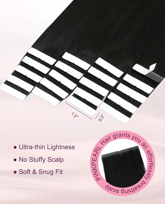 Pinkpearl Invisible Tape in Hair Extensions Human Hair, 20pcs 20inch 55g #1B Natural Black Injection Tape in Extensions Real Remy Straight Seamless Silky Human Hair Injected