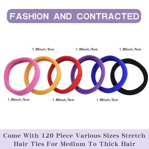 120PCS Multicolour Hair Ties for Women Girl,Black Elastics Hair Ties No Damage Ponytail Holder for Thick/Thin Hair Accessories,Soft Cotton Cloth Seamless Hair Bands