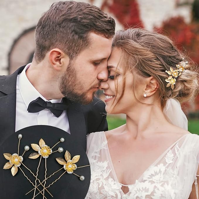 6 Pieces Bridal Wedding Hair Pins Gold Leaf Crystal Pearl Hair Pins Clips Headpiece Vintage Wedding Hair Accessories Jewelry with Rhinestone for Brides Bridesmaids Flower Girls (Elegant)