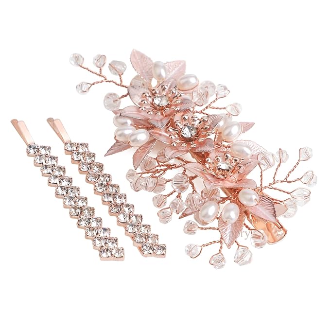 Floral Crystal Pearl Alligator Hair Clip and Rhinestone Bobby Pins, Elegant Hair Accessories for Bridal Women in Wedding or Prom, Set of 3 (Rose Gold)